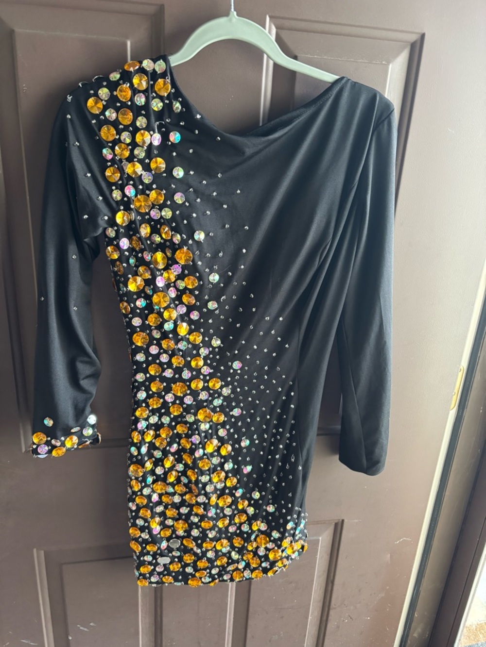 Mori Lee Black Short Embellished Long-Sleeve Cocktail Dress with  Rhinestones
